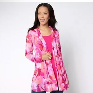 Susan Graver Petite Mesh Cardigan Liquid Knit Tank Set Abstract Pink SM Petite